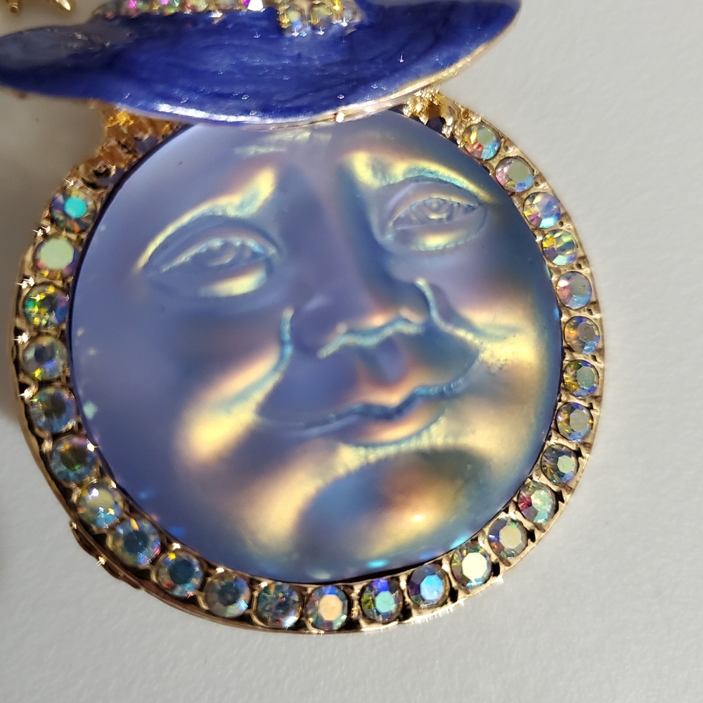 Moon Witch brooch pin enamel vintage style New 18k GP Swarovski crystals Ab - Picture 5 of 13